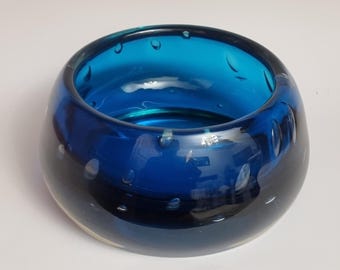 Mid Century Czech Bohemian Milan Metelak Cobalt Blue Art Glass Sommerso Bowl.