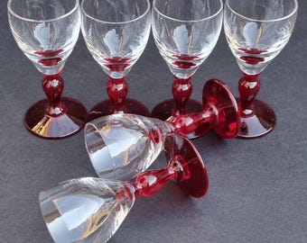 A Devine Dainty Set of 6 Ruby Cranberry Short Stemmed Aperitif/Liqueur Glasses.