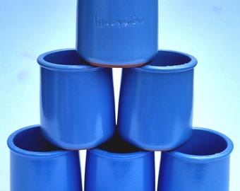 A Vintage Set of 6 French La Fermiere (The Lady Farmer) Lavender/Blue Glazed Terracotta Yogurt Cups.