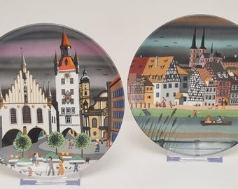 Vintage 1980s Poole Pottery Decorative Plates "Bavarian Town" Series by Barbara Furstenhofer.