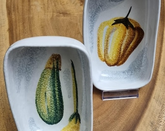 Mid Century Italian Glazed Ceramic Bowls with Hand Painted Yellow Bell Pepper & Courgette Motifs.