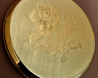 Vintage 1970s Stratton Gold Enamelled Embossed Rose Pattern Powder Compact & Mirror.