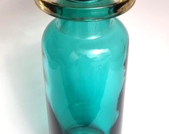 Mid Century Gral Glas Germany Teal Hand Blown Glass Vase with Clear Yellow Rim.