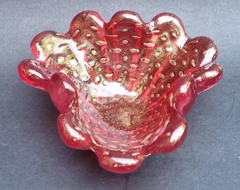 Mid-Century Barovier & Toso Murano Cranberry Red Gold Flakes Ashtray/Bowl.