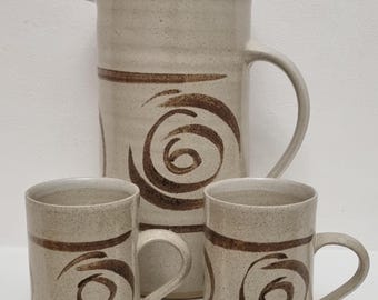 Vintage Welsh Abaty Studio Pottery Handcrafted Coffee Pot/Jug & Mugs - Set of 3.