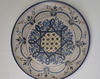 Vintage Italian Large Piazza Armerina Sicilia Blue Hand Painted Crackle Glaze Ceramic Wall Plate.