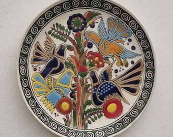 Vintage 1970s Greek Lindos Keramik Hand Painted Colourful Birds & Floral Motifs Wall Plate.