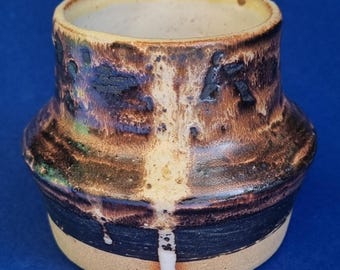 Vintage Small Handmade Studio Pottery Thrown Earthenware Brown Textured Drip Glaze Vase. Marked.