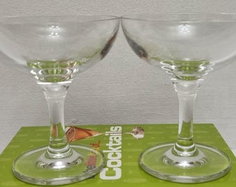 Mid Century Miniature 80ml Clear Short Stemmed Champagne/Cocktail Coupe Glasses - Pair.
