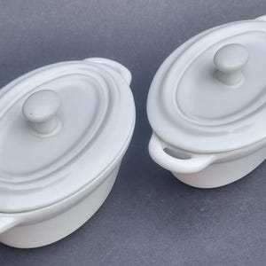 Peut inclure: Deux plats à gratin ovales en céramique blanche avec couvercles. Chaque plat a un petit bouton rond sur le dessus du couvercle et deux petites poignées sur les côtés. Les plats sont sur une surface grise.
