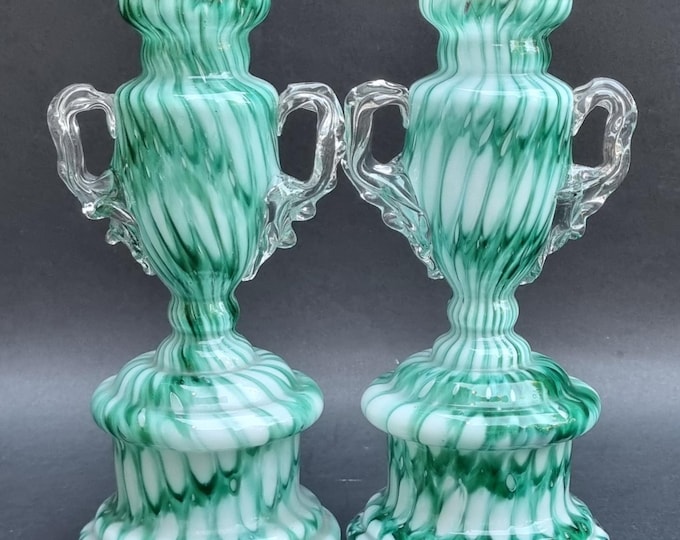 Featured listing image: Beautiful Pair of Early 20th Century Franz Welz Czech/Bohemia Hand Blown Honeycomb Green & White Trophy Shaped Splatter Vases.