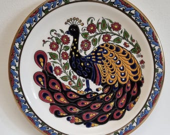 Vintage 1970s Greek Lindos Keramik Handmade Decorative Wall Plate Of Peacock And Floral Design.