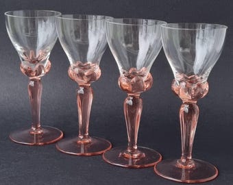 Set of 4 Stylish & Chic Mid Century 1950's Pink Stemmed Sherry/Liqueur 100ml Glasses.