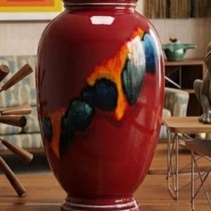 Poole Pottery Odyssey Vase in Flambe Red & Abstract Multicoloured Motifs of Orange/Blue/Black.