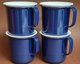 Vintage Tupperware Preludio Navy & White Mugs and Coasters - Set of 4.
