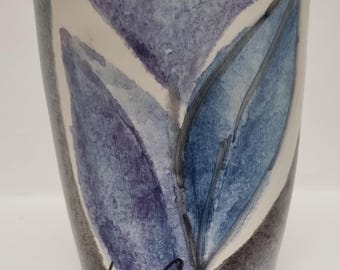 Signed Catherine Georganda Greece Studio Pottery Triangular Vase - Hand Painted Blue Lavender Leaves.