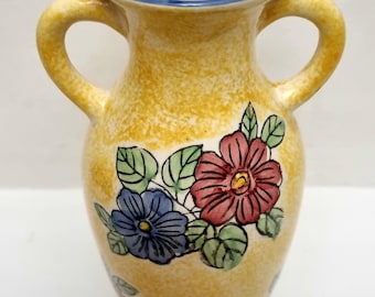 Vintage 1990s Hand Painted Yellow Speckled Glazed 2 Handled Ceramic Vase with Floral Motifs.