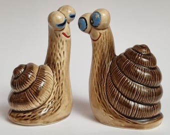 Mid Century Anthropomorphic Ceramic Snails Salt & Pepper Shakers - Set.
