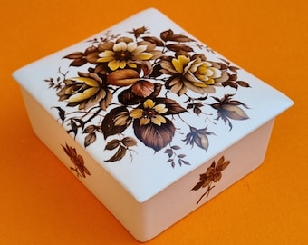 Decorative Mid Century, Vintage 1970s Purbeck Pottery Poole Dorset, Rectangular Cream with Brown Flowers, Trinket Box.