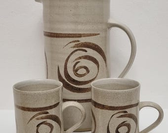 Vintage Welsh Abaty Studio Pottery Handcrafted Coffee Pot/Jug & Mugs - Set of 3.