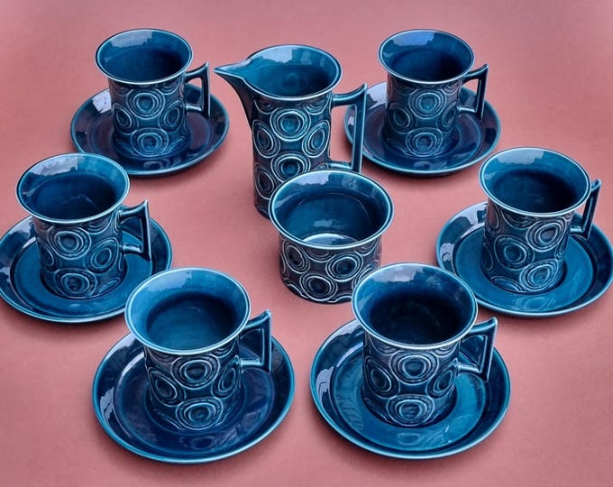 Featured listing image: 1960s Mid Century Portmeirion Coffee Set: Susan William-Ellis "Blue Jupiter", 14-Piece