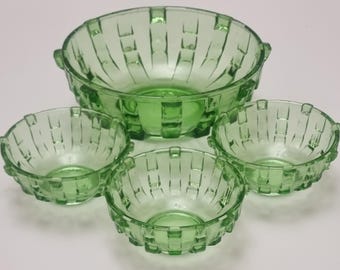 Art Deco Uranium Glass Bowl Set Stölzle Czech Green Serving Bowls 1930s.
