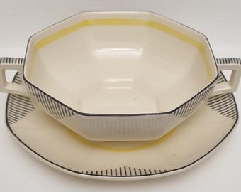 Art Deco Royal Doulton "Invicta" Pattern (D5542) 2 Handled Soup Bowl & Under Plate Set.