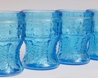 Vintage 1970s Italian Embossed Fidenza Vitraria/Bormioli Rocco Turquoise Blue Glasses - Set of 4.
