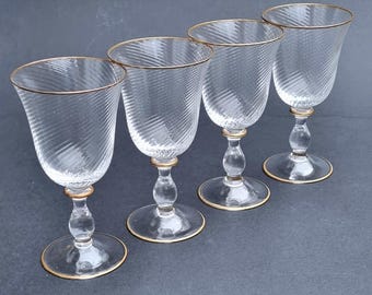 An Absolute Stunning Set of 4 Nason Moretti Murano Italy Fine Swirl Bowl and Baluster Stemmed with Gold Trim Hand Blown Goblets/Wine Glasses