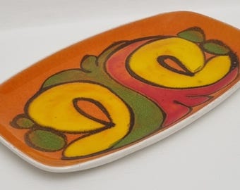 Vintage Poole Pottery Delphis Rectangular Dish - Hand Painted Abstract Orange Yellow Green.