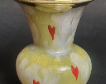 Mid Century Small West German Lustre Ware Ceramic Vase With Gold Gilt & Red Hearts.