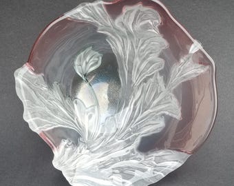 Vintage Original Walther Glas Germany Light Pink Embossed Frosted Floral Glass Dish. Quite Decorative.