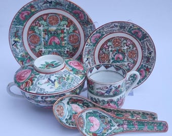 Vintage Chinese Rose Medallion Hand-Painted Porcelain Floral Lidded Bouillon Bowl/Cup/Saucers/Spoons Set.