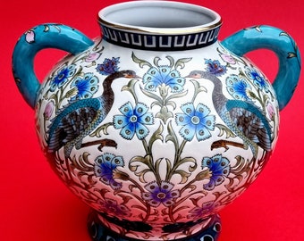 VIintage and in the Style of William de Morgan 1940s. A Decorative Twin Handled Bulbous Porcelain Vase. Decorated with Peacocks & Flowers.