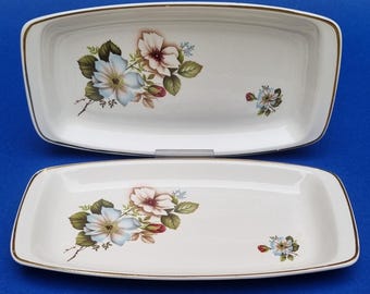 Mid Century 1950s Faianta Sighisoara Romania Ceramic Floral Rectangular Sandwich Plates - Set of 2.