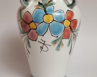 Mid Century Modern Signed Jose Serigado, Portugal, Hand Painted Floral Ceramic Vase.