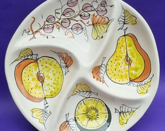 Mid Century 1960s Italian Hand-Painted Fruit Design 4 Section Ceramic Serving Platter.
