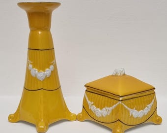 P.A.L.T Czecho-Slovakia Art Deco Yellow & White Porcelain Candlestick Holder and Lidded Trinket Box - Set.