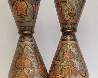 1970s Vintage Etched/Engraved Turkish Copper Vases - A Pair.
