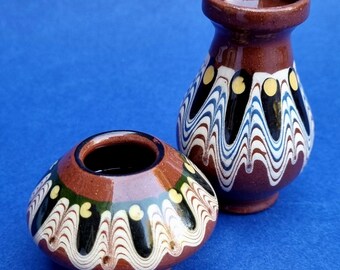 Vintage 1970s Bulgarian Troyan Redware Drip Glazed Miniature Terracotta Vases - Set of 2.