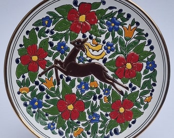 A Vibrant and Colourful Vintage Manousakis-Keramik Rodos Greece Hand Painted Hanging Wall Plate.