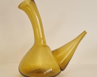 Vintage Spanish traditional Hand Blown Amber Glass Porron/Pitcher Wine Decanter.