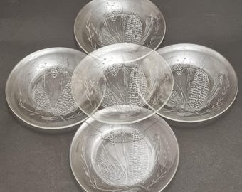 Vintage Duralex France Glass Plate Featuring An Embossed Corn & Wheat Stalk Design - Set of 5.