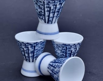 A Devine Set of 4 Blue & White Bamboo Pattern, Japanese Porcelain Sake Cups.