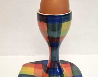 Vintage 1980s Martin Gulliver Designs Hand Painted Tartan Coloured Matching Egg Cup and Saucer.
