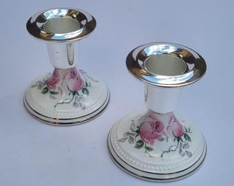 Vintage H. Samuel Fine Bone China Candlestick Holders, Pink Floral - Pair.