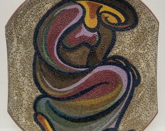 Vintage 1960s Greek Hand-Decorated Terracotta Decorative Wall Plate Featuring a Rustic Abstract, Flowing Human Form.