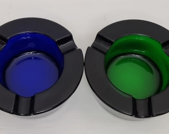 Mid Century Bold Minimalist Designed Hand Blown Cobalt Blue & Emerald Green Ashtrays X 2.