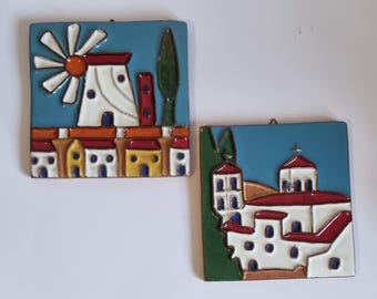 Vintage Greek Hand Crafted Decorative Hanging Tiles - Set of 2.