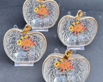 Vintage 1970s, Mid Century Set of 4 Soga, Japan Apple Shaped Textured Glass With Floral Print & Gilt Rims Dessert Bowls.